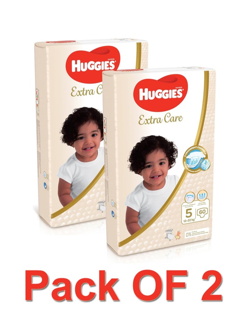 Huggies Extra Care, Size 5, 12 -22 kg, Jumbo Pack, 60 Diapers, Pack Of 2