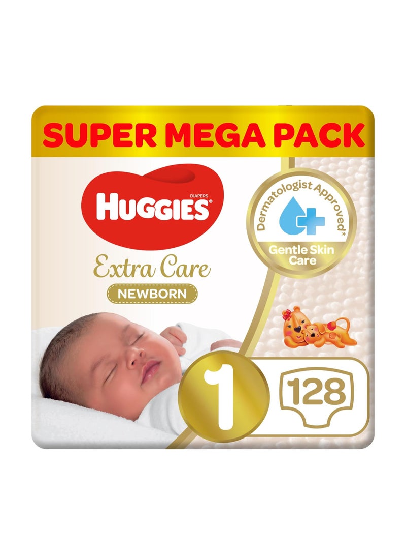 Huggies Extra Care Newborn, Size 1, Up to 5 kg, Twin Jumbo Pack, 128 Diapers