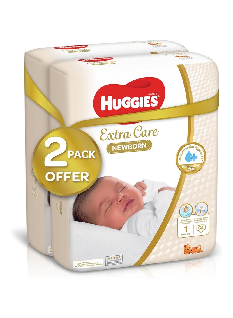 Huggies Extra Care Newborn, Size 1, Up to 5 kg, Twin Jumbo Pack, 128 Diapers