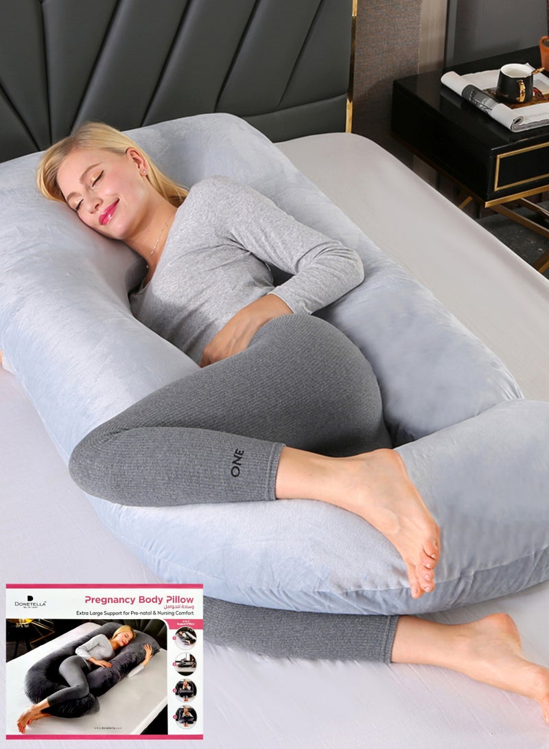 Pregnancy Pillow G-Shape Long Maternity Pillow, 180 Cm Full Body Support, Removable and Washable Velvet Cover-Complete Support for Back, Hips, Legs, Belly,Silver