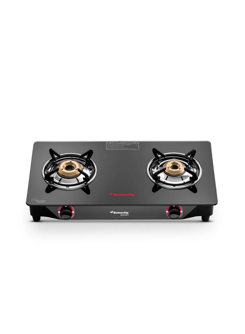 Butterfly Smart 2 Burner Glass Top Gas Stove | Manual Ignition | Scratch Resistant Toughened Glass | Brass Burners | Skid-proof Legs | 1 Year Manufacturer's Warranty | Black