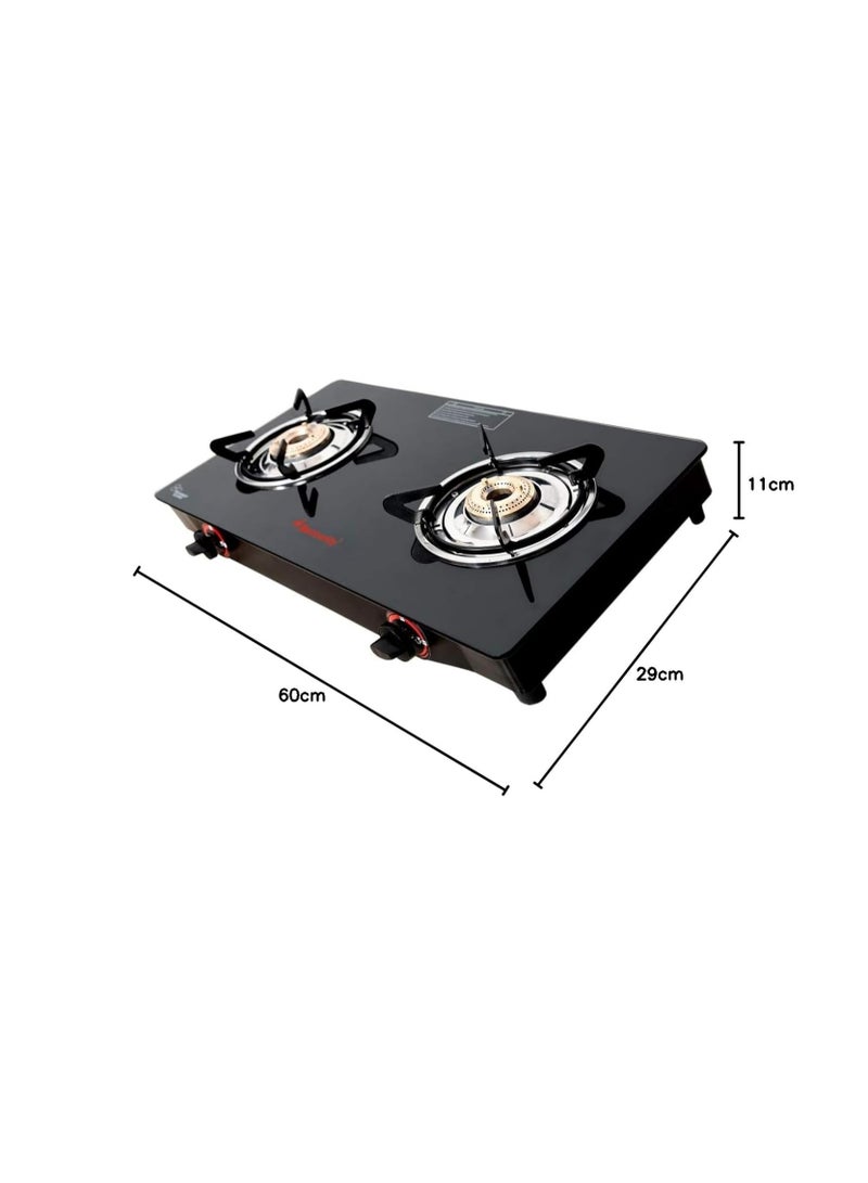 Butterfly Smart 2 Burner Glass Top Gas Stove | Manual Ignition | Scratch Resistant Toughened Glass | Brass Burners | Skid-proof Legs | 1 Year Manufacturer's Warranty | Black