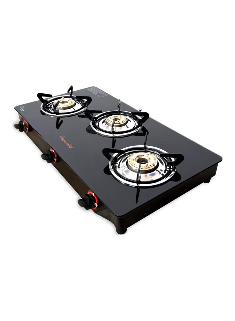 Butterfly Smart 3 Burner Glass Top Gas Stove | Manual Ignition | Scratch Resistant Toughened Glass | Brass Burners | Skid-proof Legs | 1 Year Manufacturer's Warranty | Black