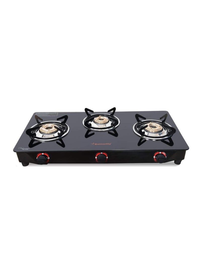 Butterfly Smart 3 Burner Glass Top Gas Stove | Manual Ignition | Scratch Resistant Toughened Glass | Brass Burners | Skid-proof Legs | 1 Year Manufacturer's Warranty | Black