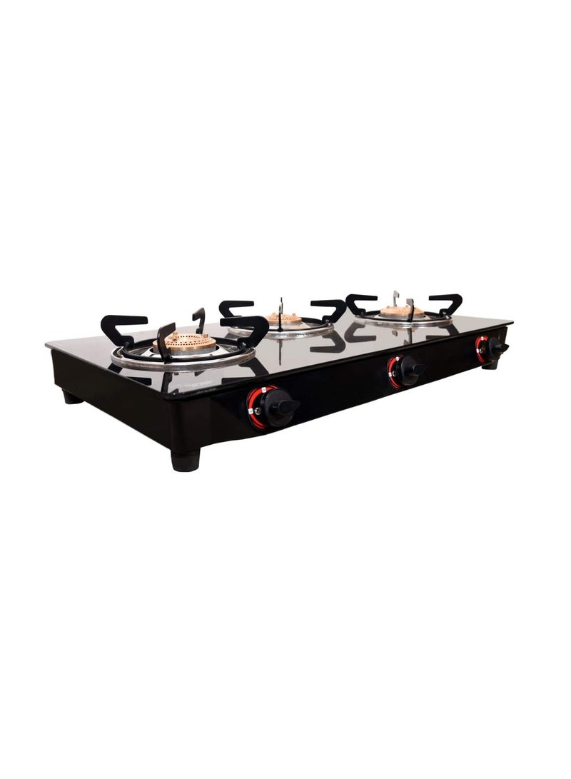 Butterfly Smart 3 Burner Glass Top Gas Stove | Manual Ignition | Scratch Resistant Toughened Glass | Brass Burners | Skid-proof Legs | 1 Year Manufacturer's Warranty | Black