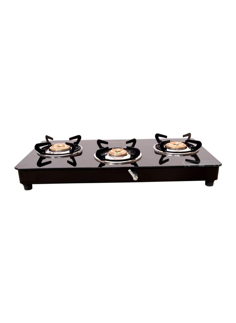 Butterfly Smart 3 Burner Glass Top Gas Stove | Manual Ignition | Scratch Resistant Toughened Glass | Brass Burners | Skid-proof Legs | 1 Year Manufacturer's Warranty | Black