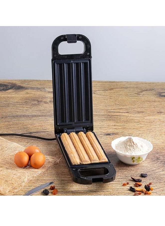 Churros Maker Power & Ready Indicator Non-Stick Cooking Plate Easy to Clean, Freshly Bake 4 Churros at Time Cook Healthy & Oil-Free Churros 750W  Black