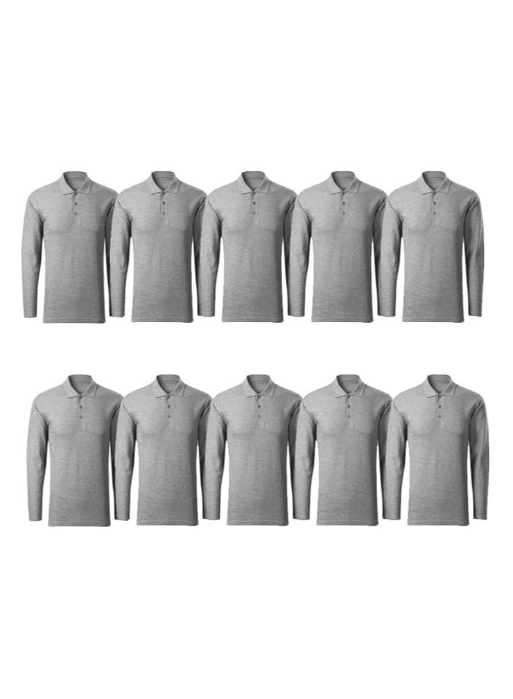 10Pcs Men's LONG SLEEVE POLO T-Shirt 220 GSM Pure Cotton Basic Colors