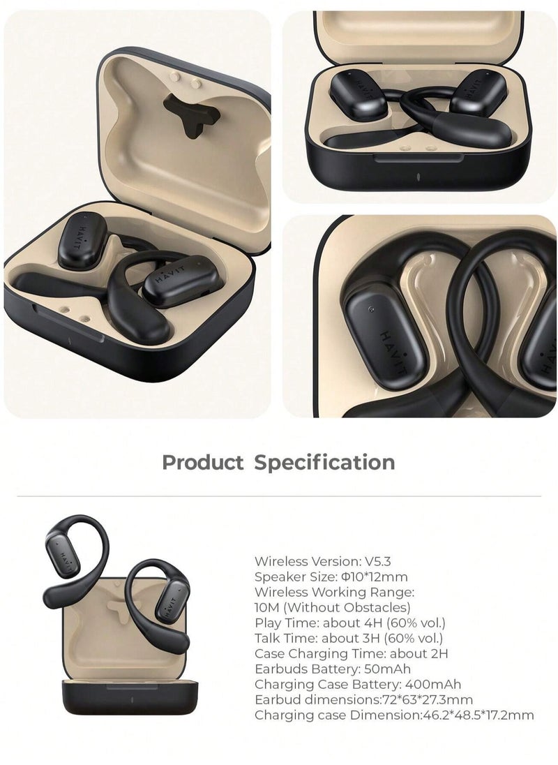 Open-Ear True Wireless Bluetooth Headphones with Microphone, Wireless Earbuds with Secure Earhooks, Air Conduction Technology for Sports, Superior Stereo Sound Quality, Sweat-Resistant Design, Fast Charging, 25 Hours Playtime Including Charging Case, Ideal for Active Lifestyles (Grey/White)