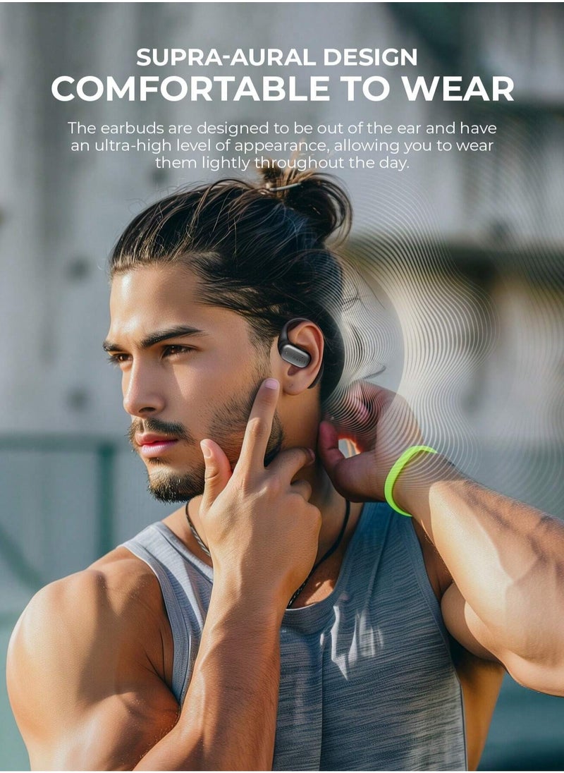 Open-Ear True Wireless Bluetooth Headphones with Microphone, Wireless Earbuds with Secure Earhooks, Air Conduction Technology for Sports, Superior Stereo Sound Quality, Sweat-Resistant Design, Fast Charging, 25 Hours Playtime Including Charging Case, Ideal for Active Lifestyles (Grey/White)