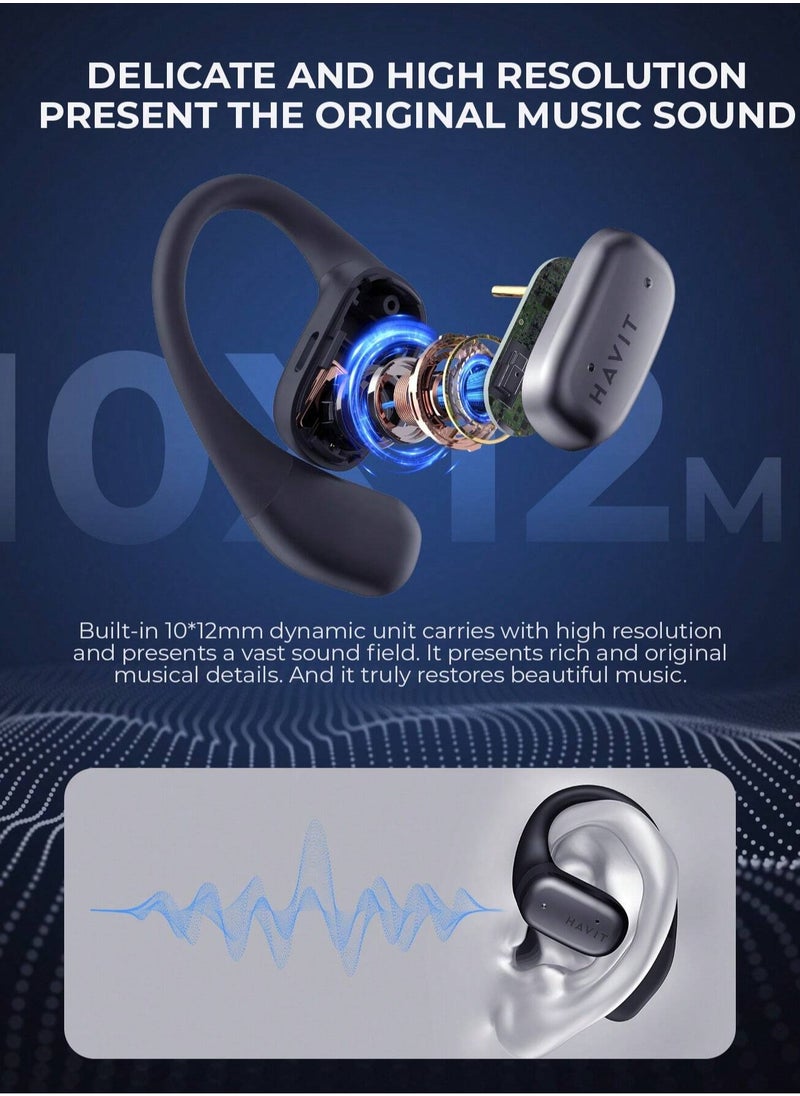 Open-Ear True Wireless Bluetooth Headphones with Microphone, Wireless Earbuds with Secure Earhooks, Air Conduction Technology for Sports, Superior Stereo Sound Quality, Sweat-Resistant Design, Fast Charging, 25 Hours Playtime Including Charging Case, Ideal for Active Lifestyles (Grey/White)