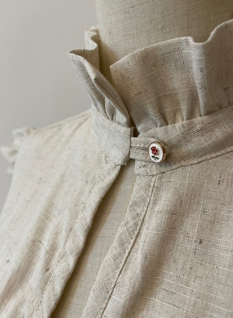 Linen Dress, Light Beige, Cotton Lining, Ruffle Collar, Slits, Loose Fit, Ruffle Sleeves