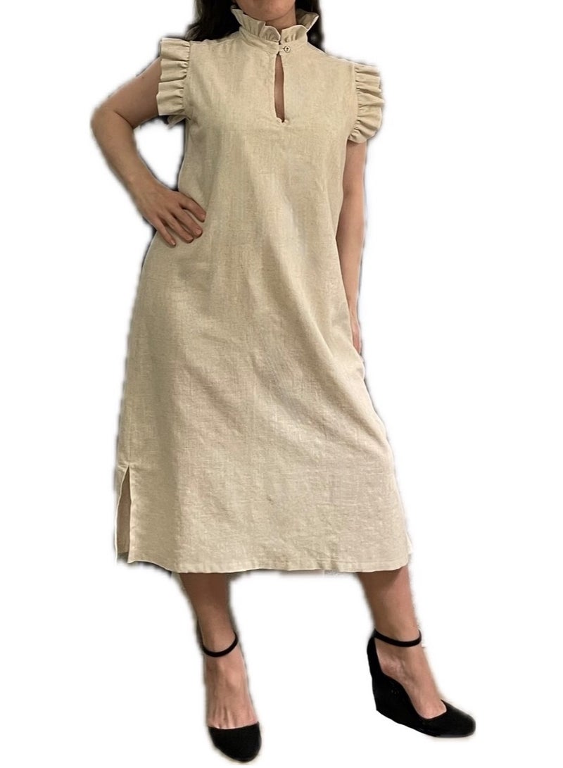 Linen Dress, Light Beige, Cotton Lining, Ruffle Collar, Slits, Loose Fit, Ruffle Sleeves