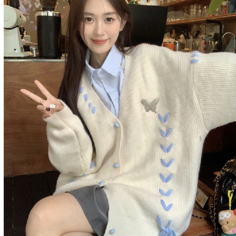 White Lazy Butterfly Cardigan Soft Knit SweaterWhite White