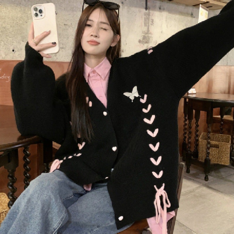 White Lazy Butterfly Cardigan Soft Knit SweaterBlack Black