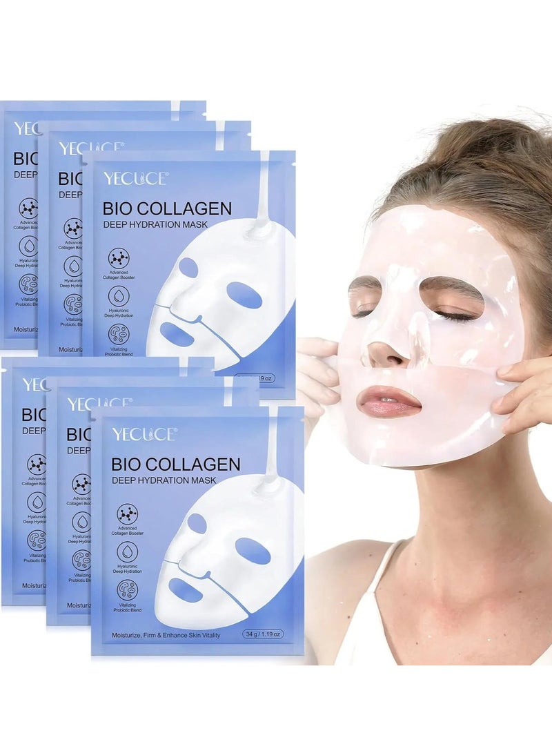 6 Pcs Bio Collagen Mask Collagen Face Mask Hydrating Overnight Mask Pore Minimizing Elasticity Improvement Firming Moisturizing Nourishing Smooth Bio Collagen Face Mask 6Pcs