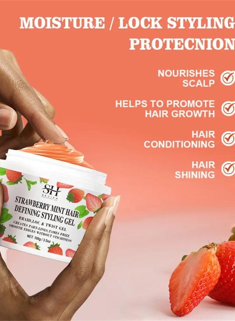 100g Strawberry Mint Hair Defining Styling Gel Braid Loc and Twist Gel Create Part Lines and Tames Frizz Moisturize Hydrate Hair and Nourish Scalp Promote Hair Growth with Batana Oil