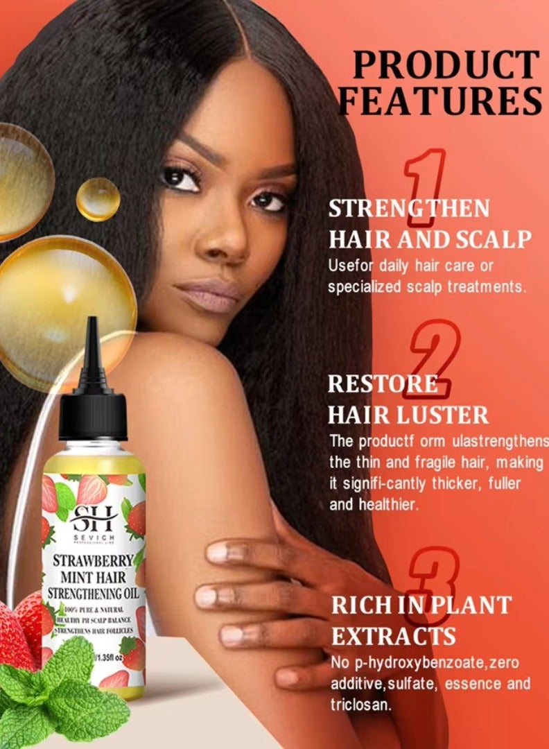 Strawberry Mint Hair Strengthening Oil Pure and Natural Healthy PH Scalp Balance Strengthens Hair Follicles and Hair Growth with Batana Oil Moisturizing Hydrating Nourish Hair Oil 40ml