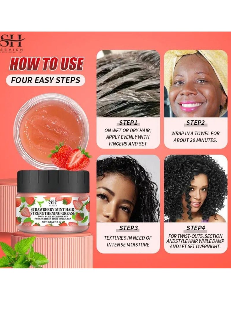 60g Strawberry Mint Hair Strengthening Grease for Hair Growth Reduce Hair Loss and Hydrating Moisturizing Pure and Natural Strengthens Hair Roots and Follicles Strawberry Mint Hair Cream