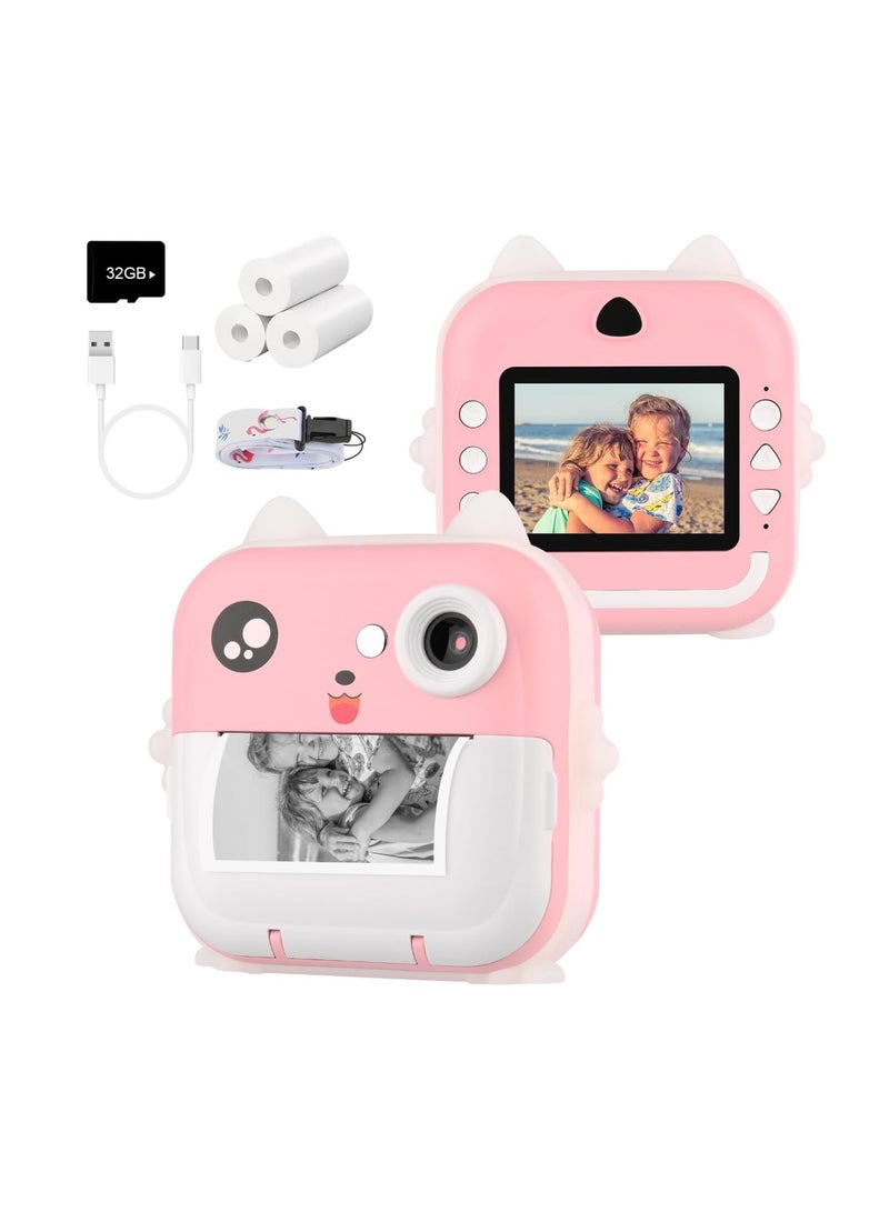 Digital Camera For Kids 48MP Kids Camera With 32GB SD Card Full HD 1080P Cameras Mini Kids Camera With Instant Print Thermal Printer With 3 Thermal Rolls 2.4Inch Eye Protect Screen Selfie Camera