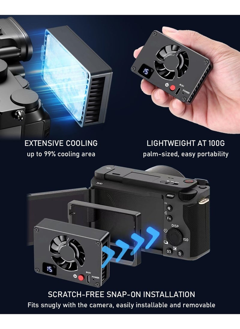 Camera Cooling Fan External Cooling System for Live Broadcast, LED Display Intelligent Cooling Fan for Sony A7M4/ZVE1/A6700/A7C2/A7S3/ZV-E10/FX30, for Canon R5/R6/R7, for Fujifilm XT4/XS10 Cameras