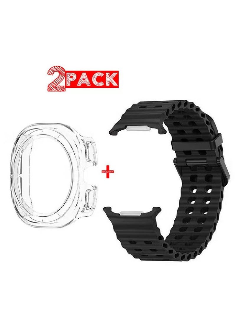 (for Samsung Galaxy Watch 7 Ultra 47mm) 2 Packs Silicone Band and Case, Soft Silicone Sport Strap Replacement Accessory Black