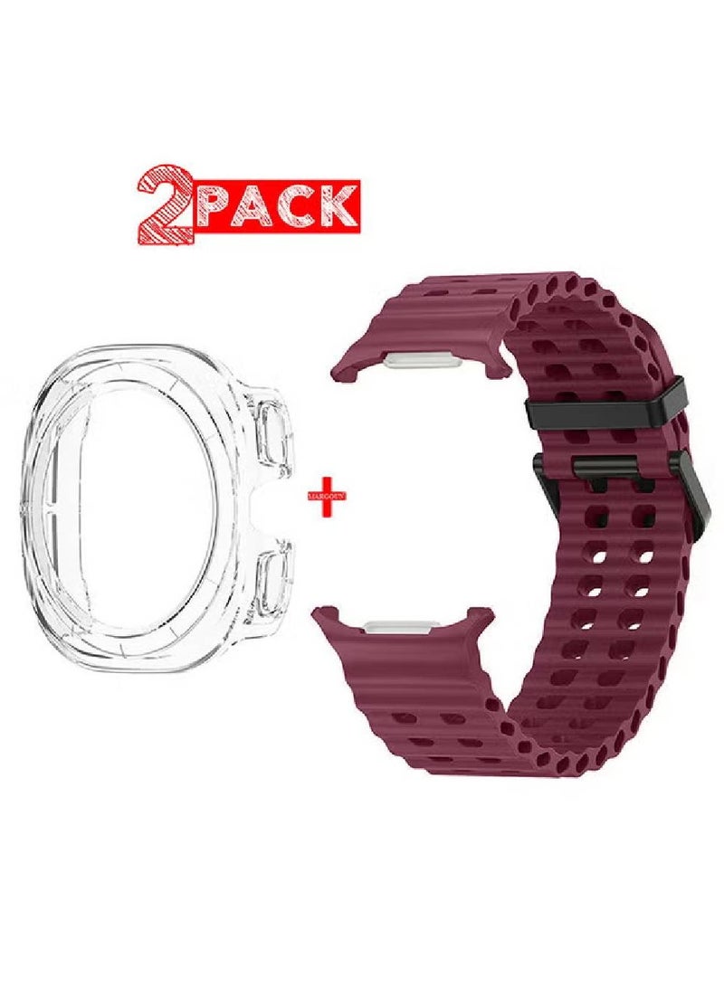 (for Samsung Galaxy Watch 7 Ultra 47mm) 2 Packs Silicone Band and Case, Soft Silicone Sport Strap Replacement Accessory Maroon