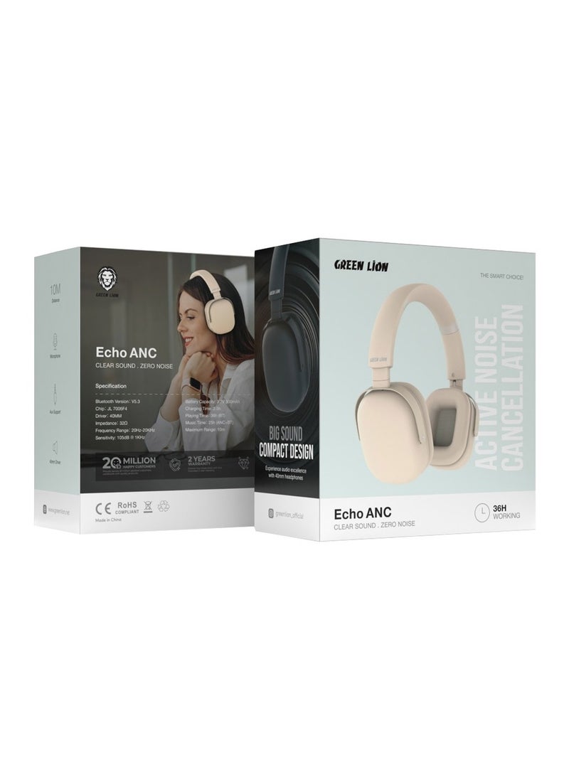 ECHO ANC Headphone / Clear Sound / Zero Noise / Significant Working Hours / Considerable Range Distance / Microphone / Aux Support / 40mm Driver / V5.3 Bluetooth / Durable - Beige