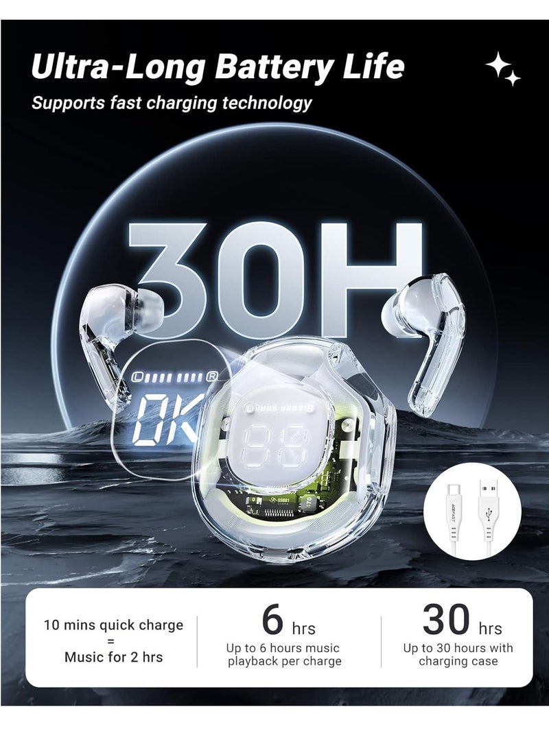 T8 Wireless Earphones Bluetooth 5.3 – Mini Crystal In-Ear Earbuds with LED Power Display, Wireless Charging Case, and Touch Control