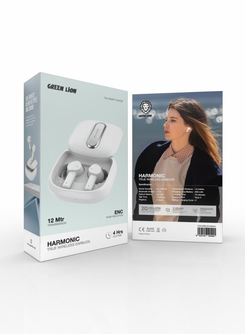 Harmonic True Wireless Earbuds / Long Range Transmission Distance / ENC Noise Reduction / V5.3 Bluetooth / Multi-Function Touch / Low Latency Mode / Considerable Playing Time - White