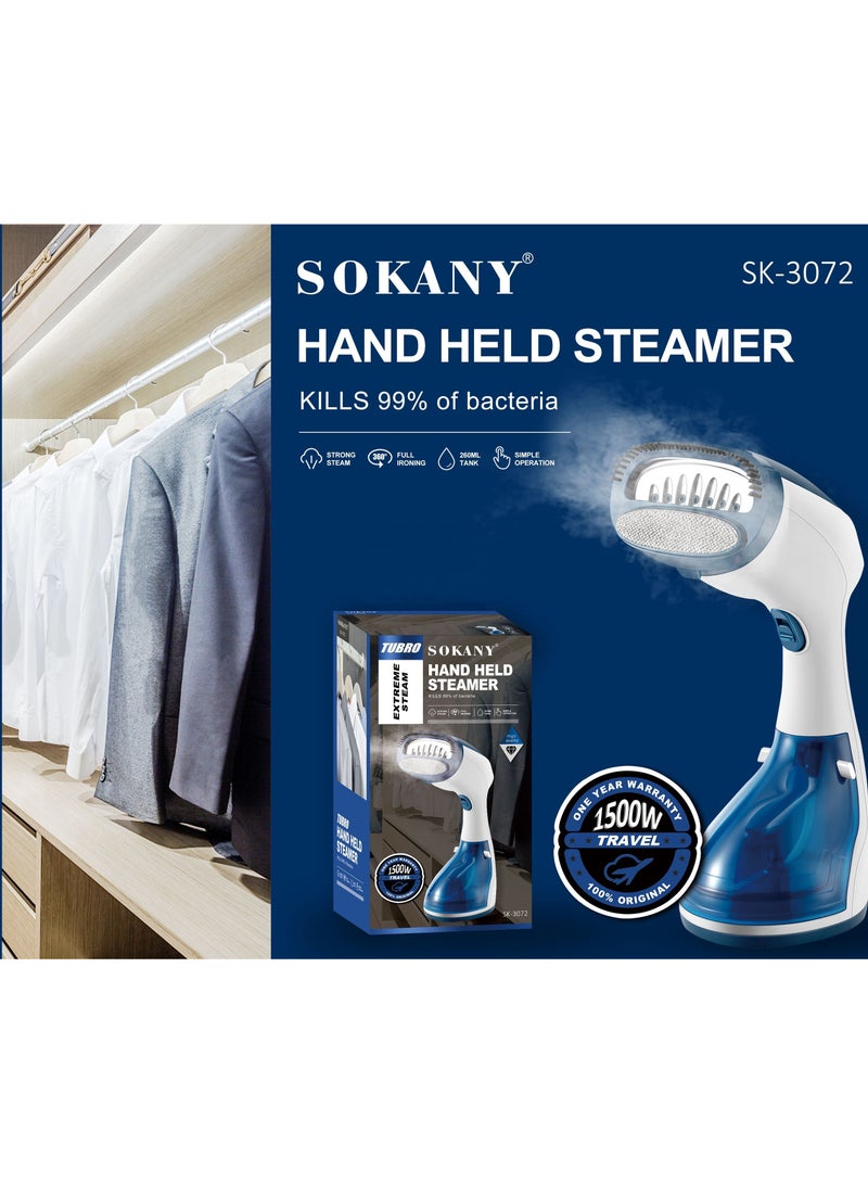 Sokany SK-3072 home appliance handheld garment steaming iron 1500 Watt portable clothes fabric hanging garment steamer Blue/White