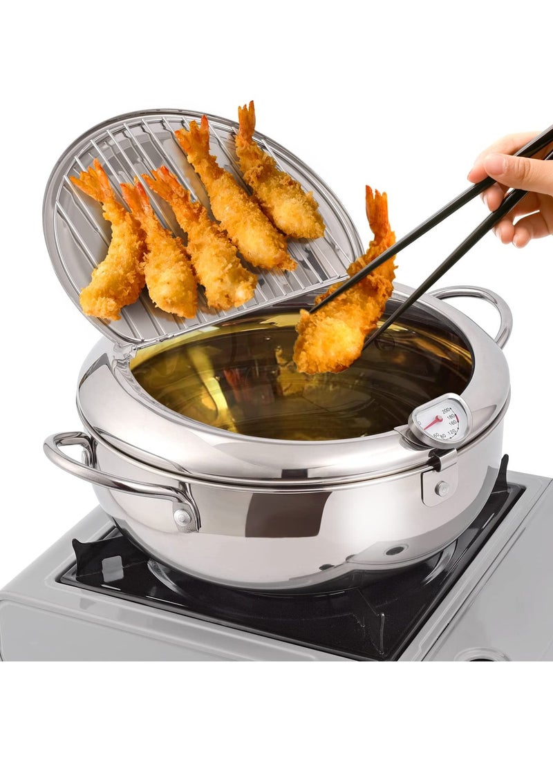 Deep Fryer Pot, 3.4L Japanese Tempura Deep Fryer Pot, 304 Stainless Steel Frying Pot With Thermometer, Lid, and Oil Drip Drainer Rack, Ideal for Kitchen French Fries, Chicken, Fish, and Shrimp