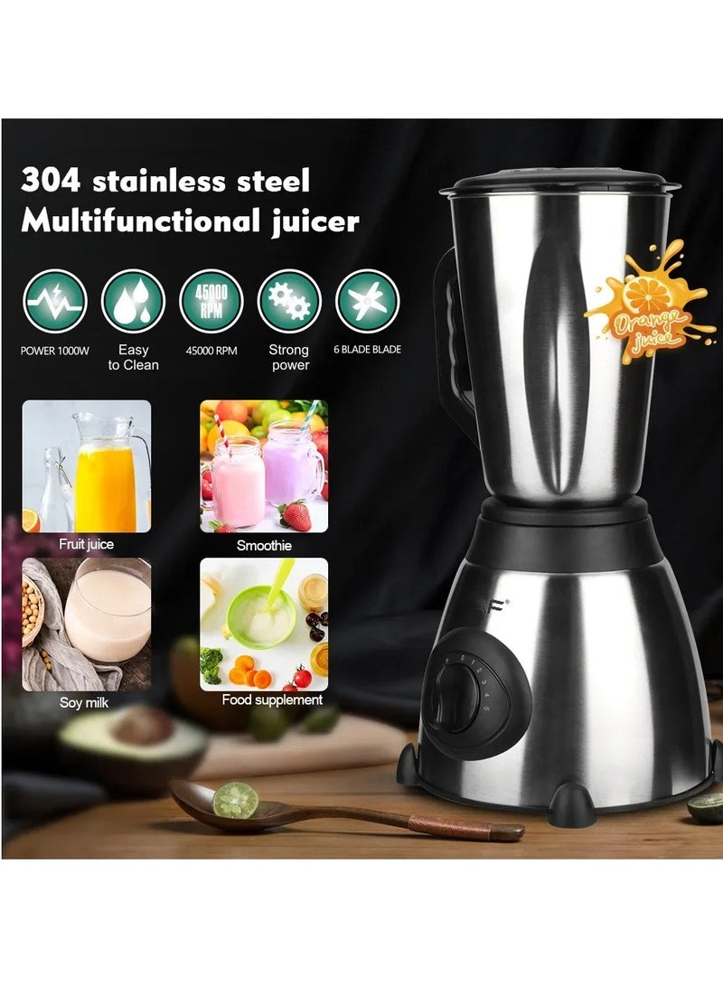 High-Power Stainless Steel Blender with Grinder – 2-in-1 Food Processor, 1.5L Capacity, 5-Speed Settings, Ideal for Smoothies, Juices, and Grinding Spices