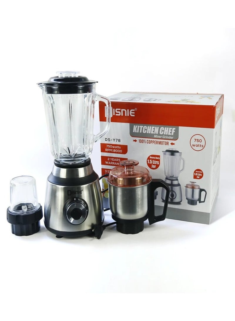 3-in-1 Blender, 6 Blade Heavy Duty Juicer, Coffee, Spice Grinder Meat Chopper with 1.5L Glass Jar, 1L SS Jar & 0.5L Small Glass Jar and 4 Speed Mode Blender