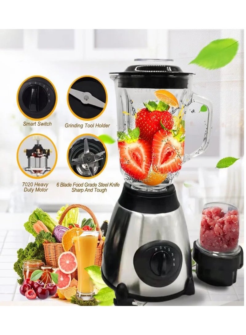 3-in-1 Blender, 6 Blade Heavy Duty Juicer, Coffee, Spice Grinder Meat Chopper with 1.5L Glass Jar, 1L SS Jar & 0.5L Small Glass Jar and 4 Speed Mode Blender