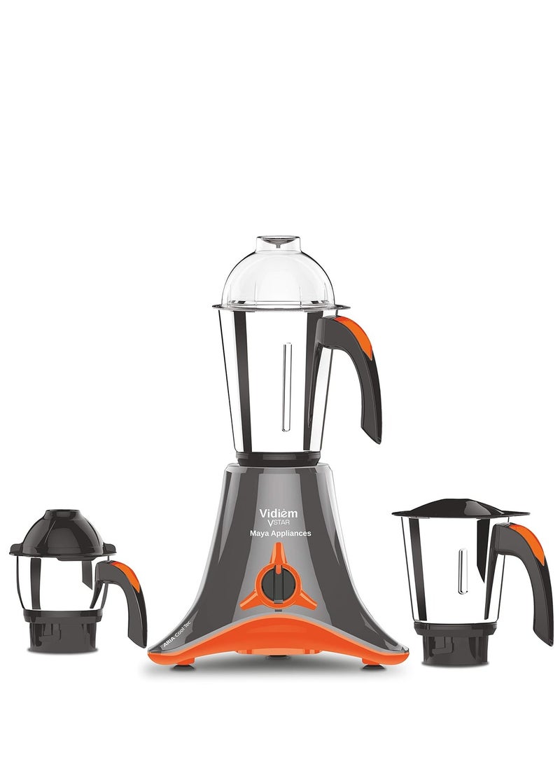 Vidiem mixer grinder 521 A (grey with orange), mixer grinder 750 watt with 3 leak proof jars with self-lock for wet and dry spices, chutneys and curries