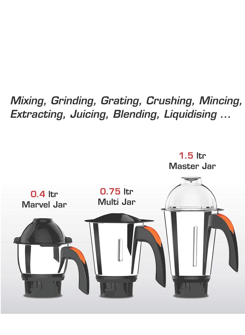 Vidiem mixer grinder 521 A (grey with orange), mixer grinder 750 watt with 3 leak proof jars with self-lock for wet and dry spices, chutneys and curries