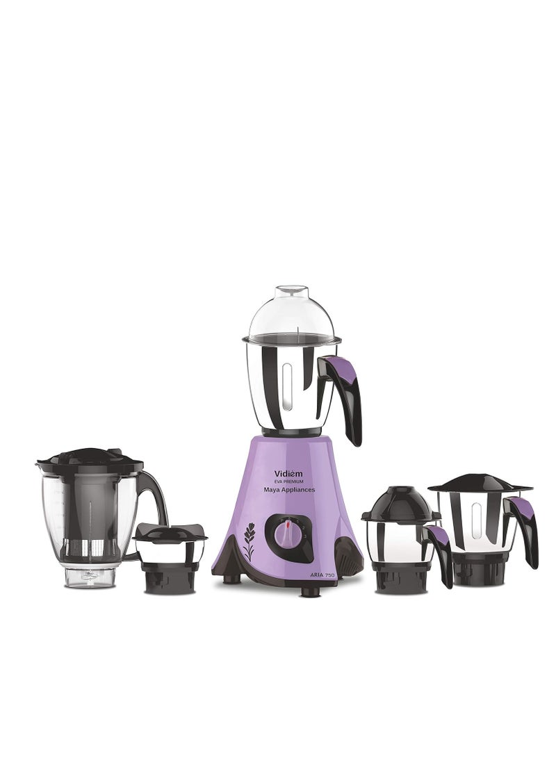 Vidiem Eva premium 556 A (Lavender with Black), 750 watt mixer grinder with 5 jars in-1 juicer mixer, leak proof jars with self-lock for wet and dry spices, chutneys and curries