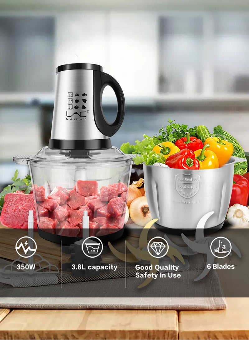 3.8L Large Food Processors,Meat Grinder Veggie Chopper with with 2 pieces 16Cup Bowls 350W Electric Food Processors,3 Speed,2 pieces 4 Bi-Level Bladesand Spatula for Baby Food,Meat,Vegetables,Fruits