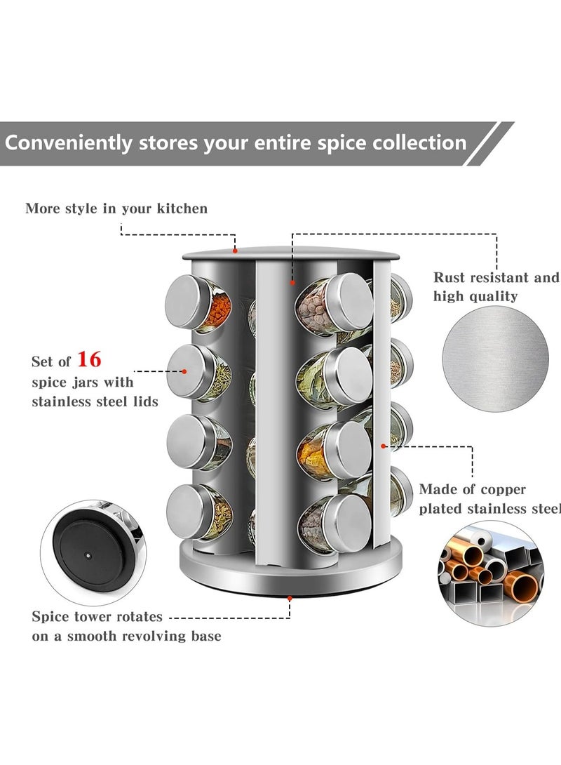 Revolving 16-Jar Spice Rack Organizer for Kitchen, Seasoning Countertop Rack Tower Organizer for Cabinet