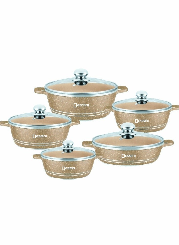 10-Piece Granite Non Stick Cookware Set Includes 4xCasserol With Lid 32cm, 28cm, 24cm, 20cm, 1xShallow Pot With Lid,,Beige