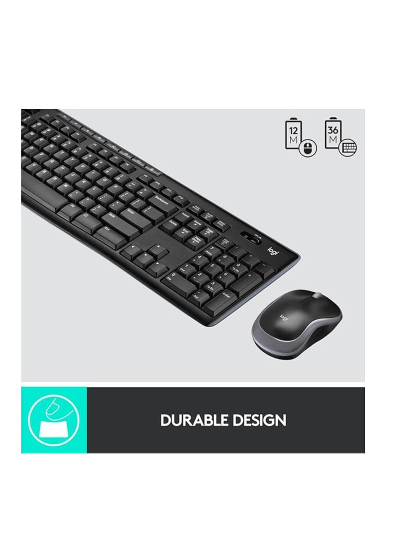 MK270 Wireless Combo Keyboard and Mouse, English Arabic Layout, Long Battery Life, 1000 DPI Resolution, Multimedia Keys, Compact Design Black