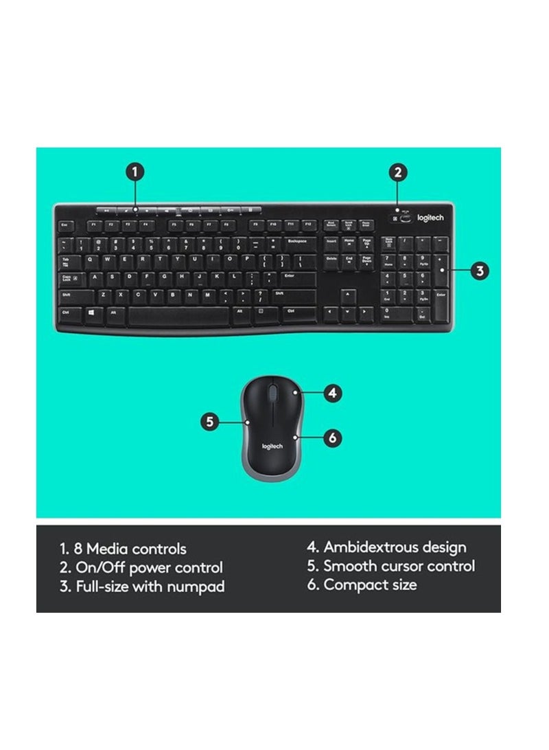 MK270 Wireless Combo Keyboard and Mouse, English Arabic Layout, Long Battery Life, 1000 DPI Resolution, Multimedia Keys, Compact Design Black