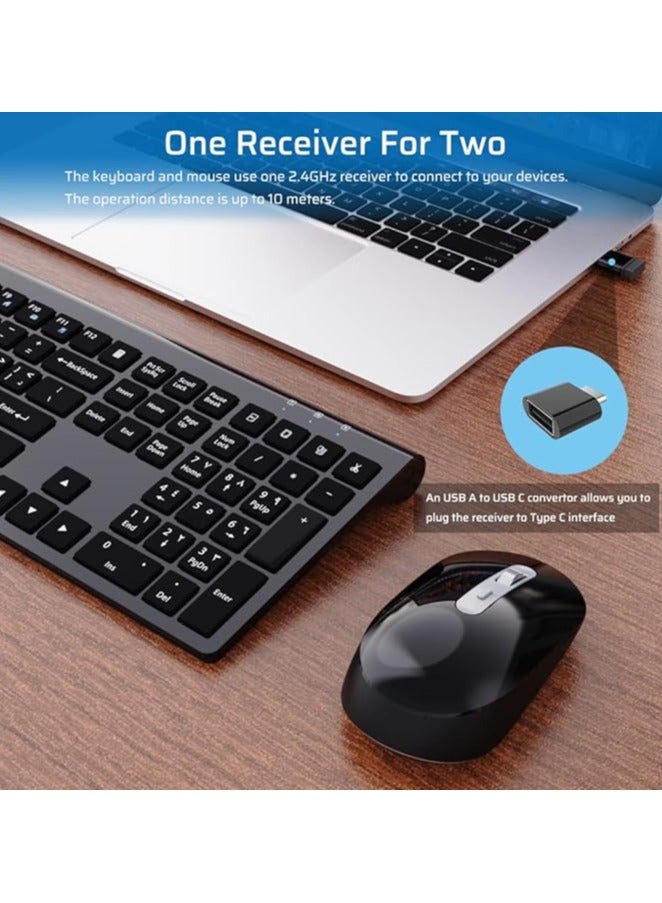 Wireless Keyboard Mouse Combo, Stylish Slim Rechargeable Keyboard and Mice 2.4G 109 Keys Full-Size Quiet Rechargeable Keyboard Mouse Set for Windows Computer Laptop BLACK