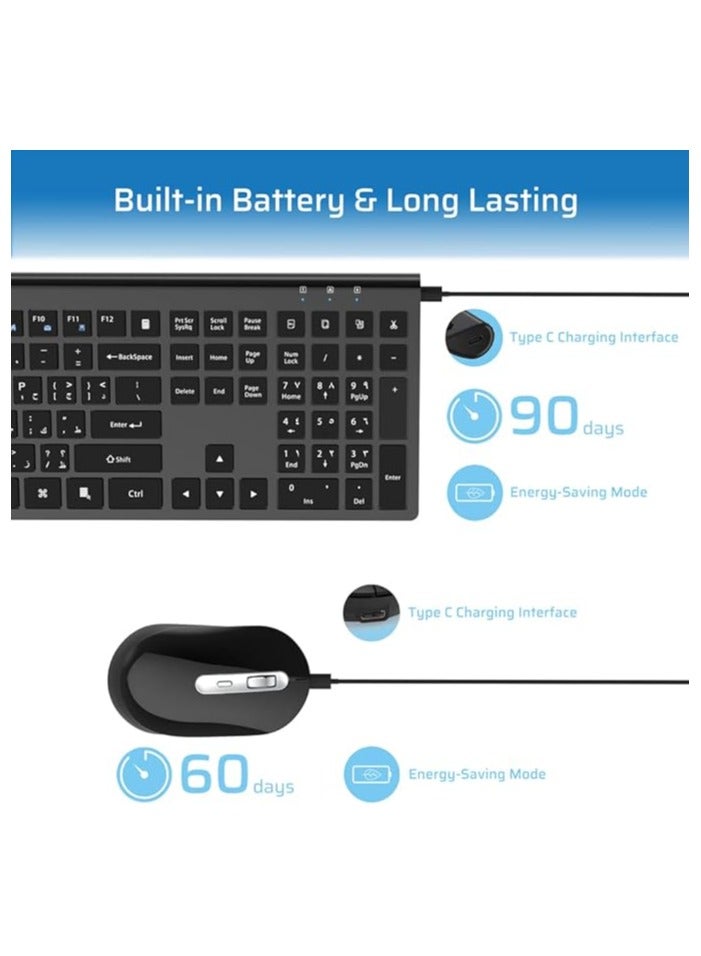 Wireless Keyboard Mouse Combo, Stylish Slim Rechargeable Keyboard and Mice 2.4G 109 Keys Full-Size Quiet Rechargeable Keyboard Mouse Set for Windows Computer Laptop BLACK