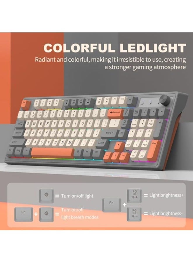 Gaming Keyboard with Bluetooth, 2 Connection Modes 98 Keys with Rainbow LED Light Anti-Slip Keyboard with Volume Adjustment Knob, Rechargeable Design, Suitable for PC/Office/Games (Shimmer)