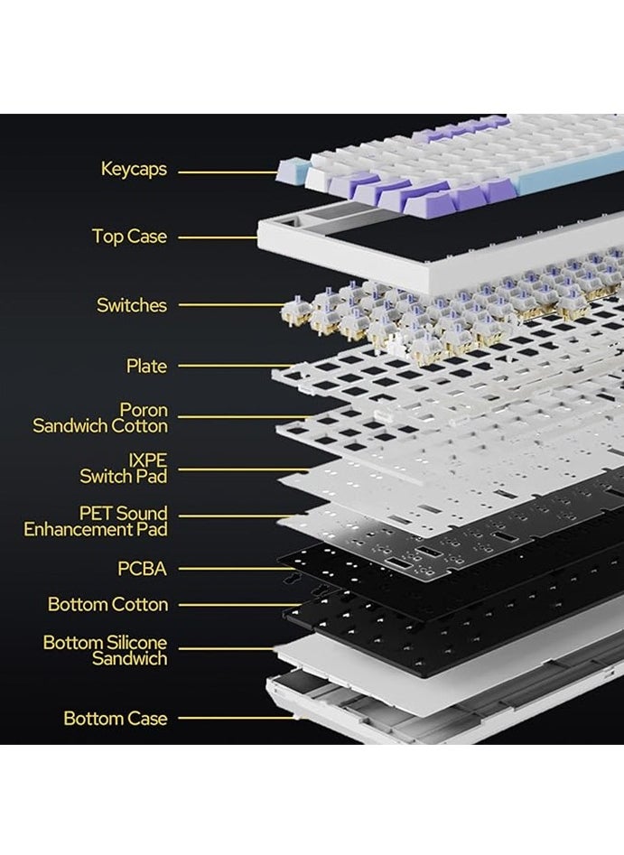 AK820 Pro Gaming Keyboard,75% Gasket-mounted Mechanical Keyboard with TFT Screen, RGB Light, 3 Modes(Bluetooth 5.1/2.4G Wireless & Type-C Wired), Sound Dampening Foams (Purple White, Ajazz Flying Fish Switch)