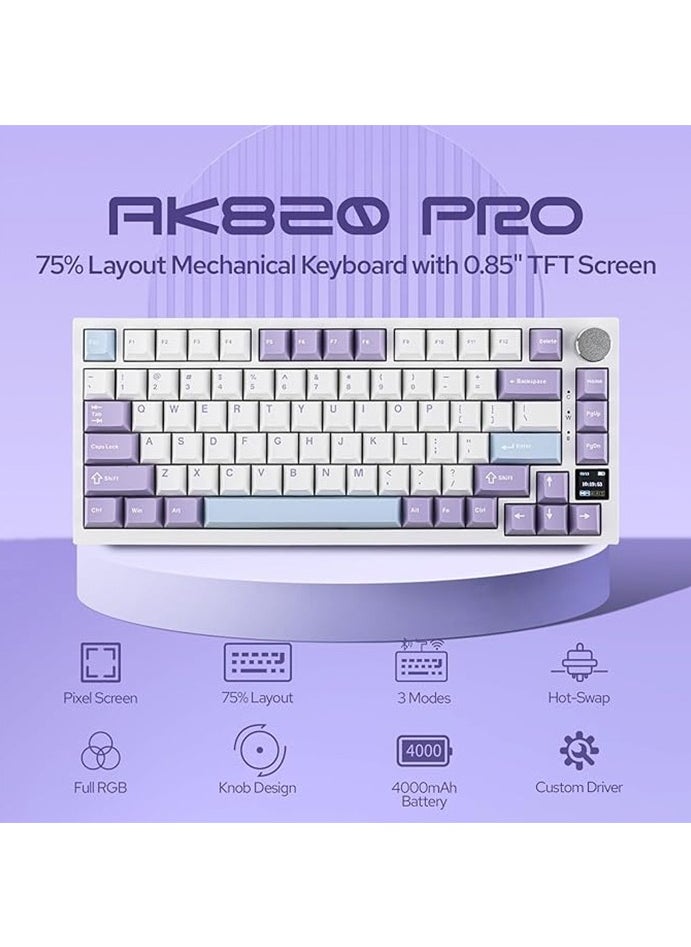 AK820 Pro Gaming Keyboard,75% Gasket-mounted Mechanical Keyboard with TFT Screen, RGB Light, 3 Modes(Bluetooth 5.1/2.4G Wireless & Type-C Wired), Sound Dampening Foams (Purple White, Ajazz Flying Fish Switch)