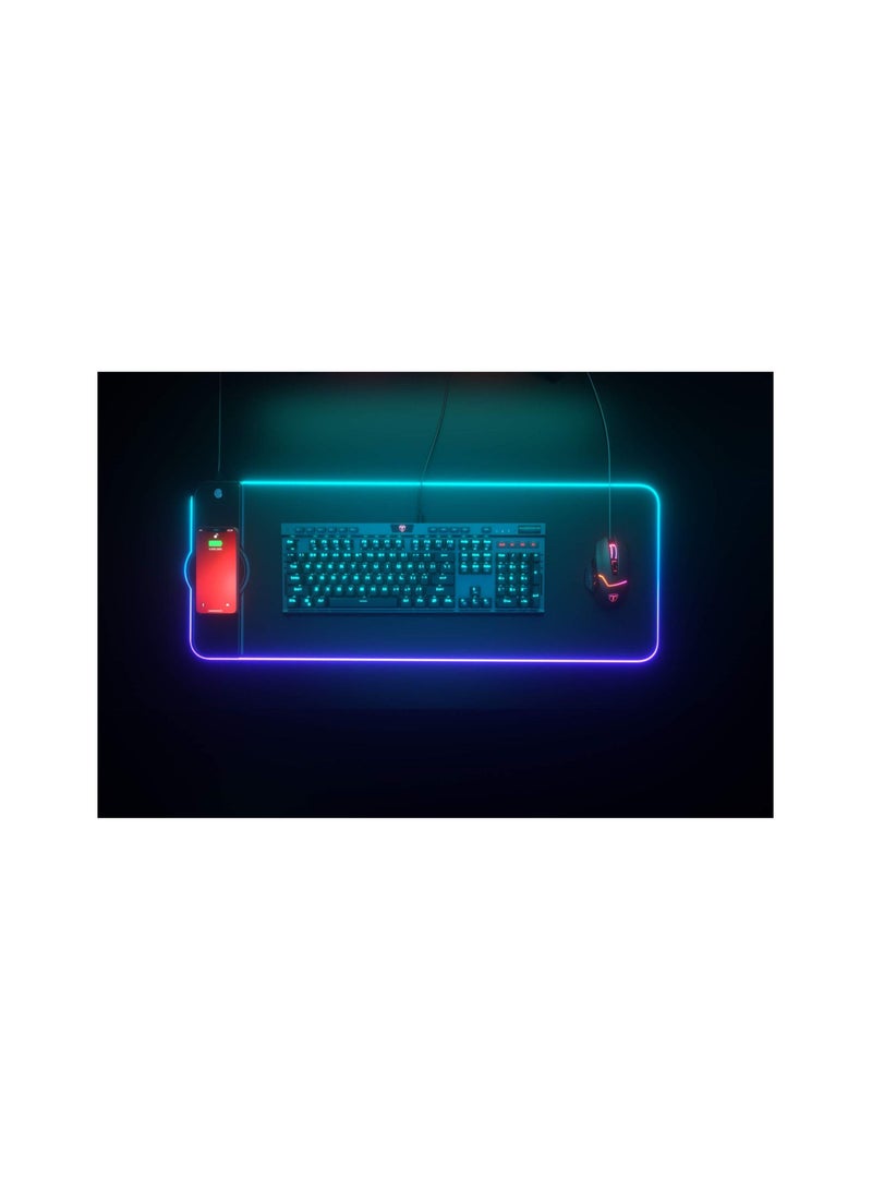 RGB Large Gaming Mousepad with Wireless Charger, 15W LED Big Keyboard Mousepads Mat with Premium Microfiber Cloth and Non-Slip Base, Spill-Resistant Computer Desk Pad Mat, 32*12 inches.