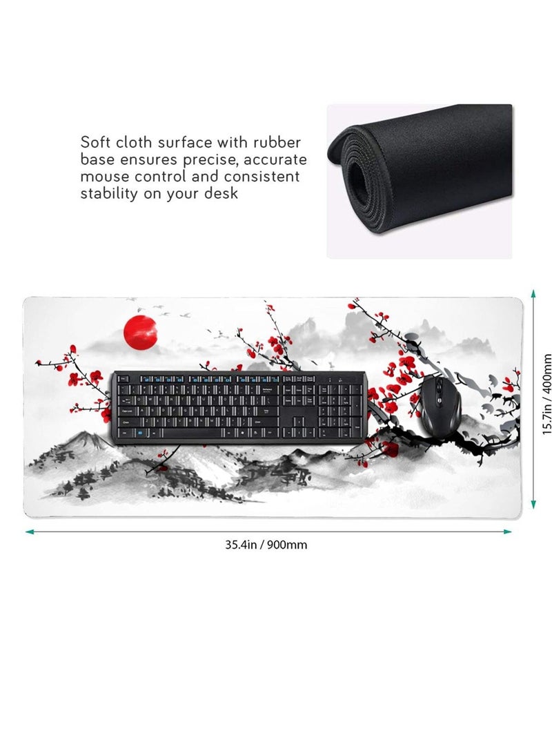 Extended Large Gaming Mouse Pad 35.4 X 15.7 Inch XXL Full Desk Japanese Art Style Cherry Blossom & Sakura Mousepad Non-Slip Rubber Base Big Keyboard Mat with Stitched Edges for Home Office